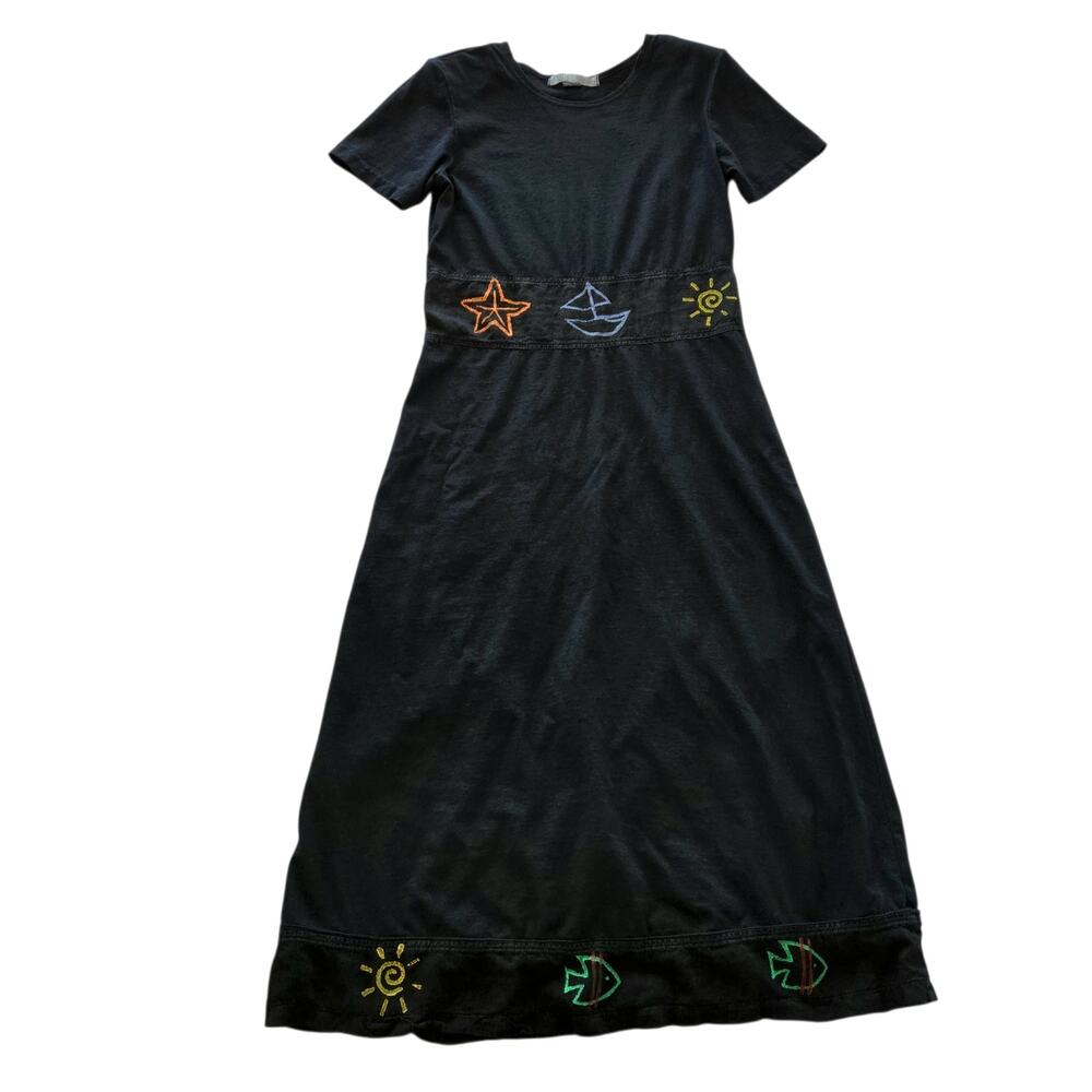 Vintage Dark Coastal Nautical Motif Maxi Dress Black S Vacation Summer Artsy